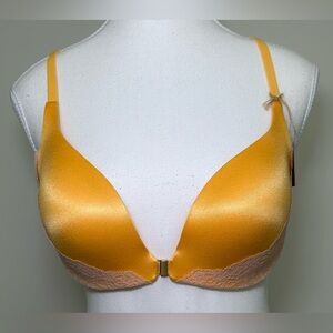 Victoria’s Secret Push-Up Racerback Bra Gold Yellow Satin Lace Front Closure 36B